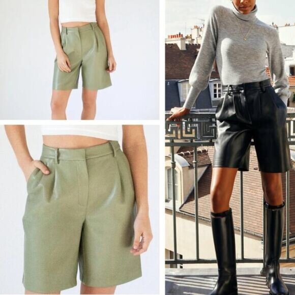 WILFRED Aritzia Limerick High Waisted Vegan Leather Black Short Sz 00 Sage Frost - Picture 1 of 8